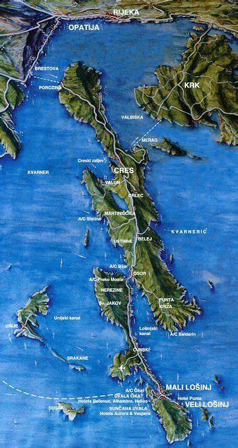 Mapa ostrovů Cres a Lošinj s pláží Mali Bok