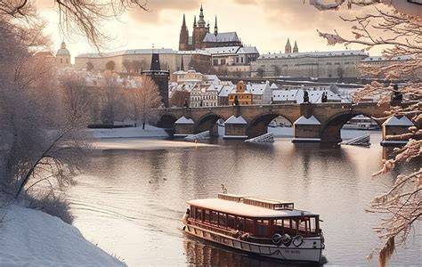Zimní Praha z paluby lodi