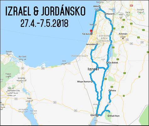 Mapa trasy Izrael Jordánsko Petra