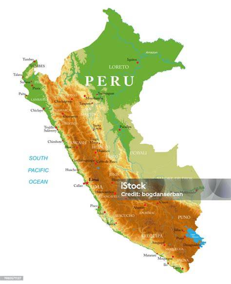 Mapa Peru s pobřežím Andami Amazonií