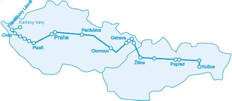 Mapa tratě Pendolino Praha Ostrava